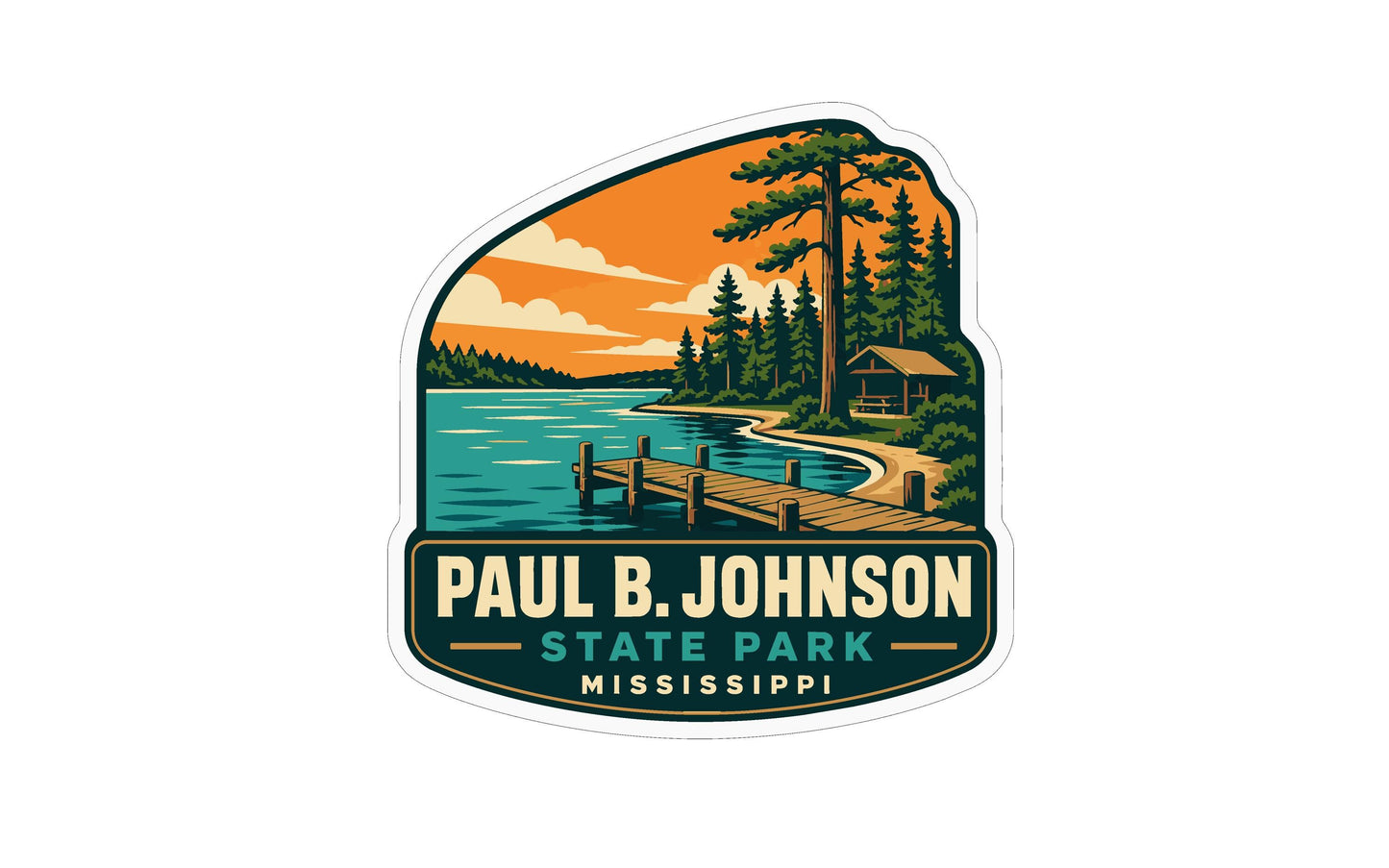 A sticker or logo depicting a scenic view of Paul B. Johnson State Park in Mississippi, featuring a dock, pine trees, and a lake with a sunset in the background.