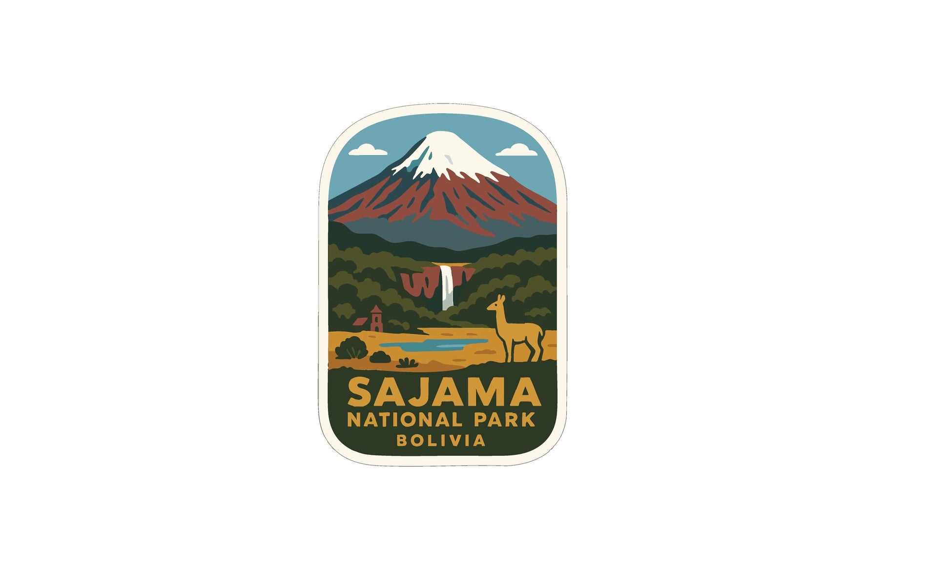 a sticker or label with a mountain landscape and a waterfall, along with a giraffe and a bird.