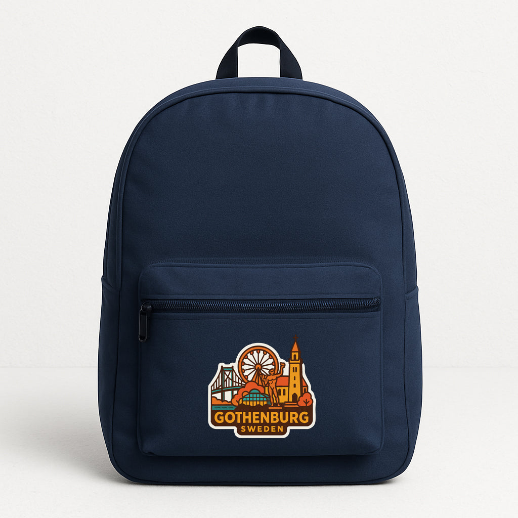 A navy blue backpack with a sticker on the front that says "Gothenburg, Sweden".