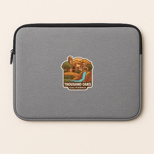 a gray laptop sleeve with a logo of Thousand Oaks, California.