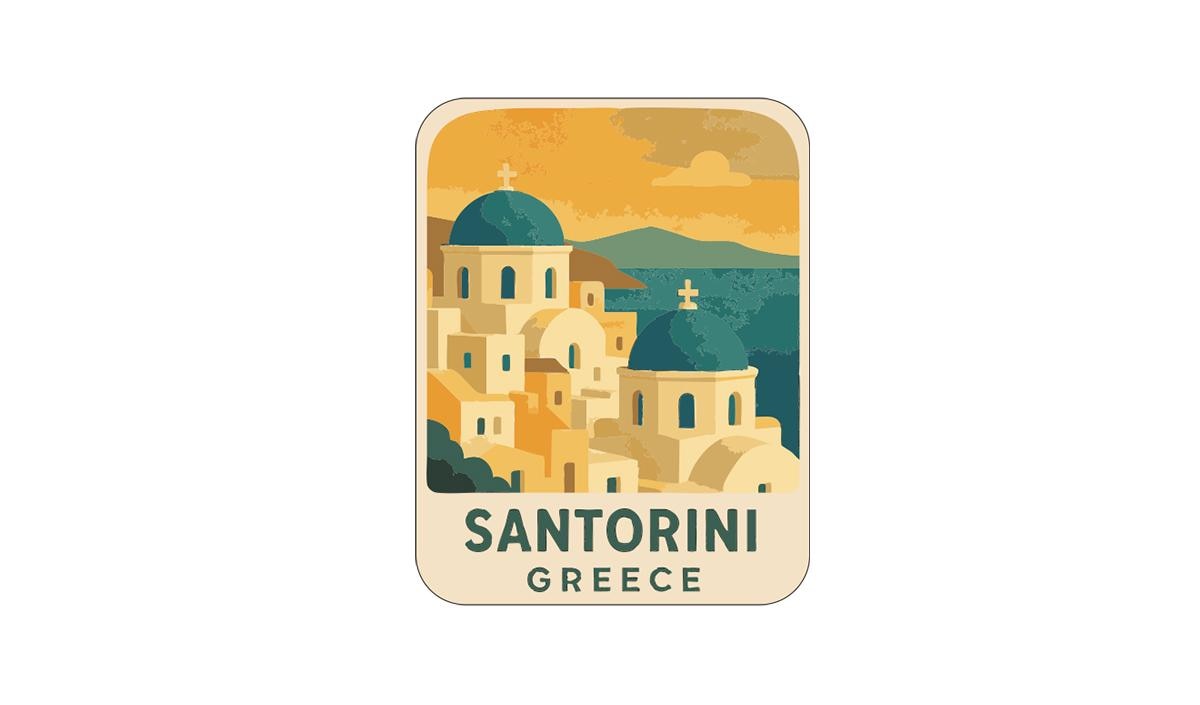 The image is a sticker or label depicting the city of Santorini, Greece, with its iconic domes and buildings set against a colorful sky.
