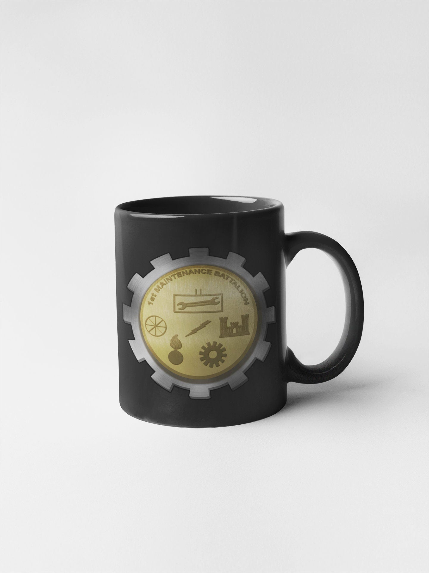 a black coffee mug with a gold clock on it