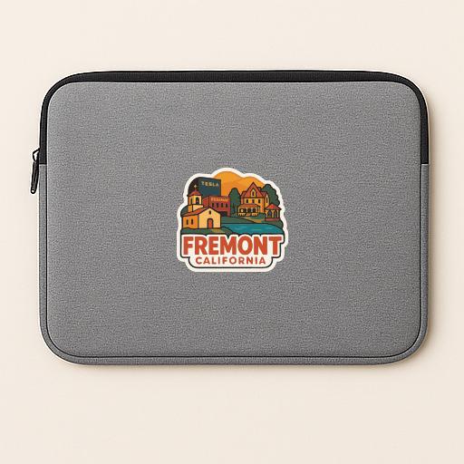 a gray laptop sleeve with a sticker that says "Fremont, California".