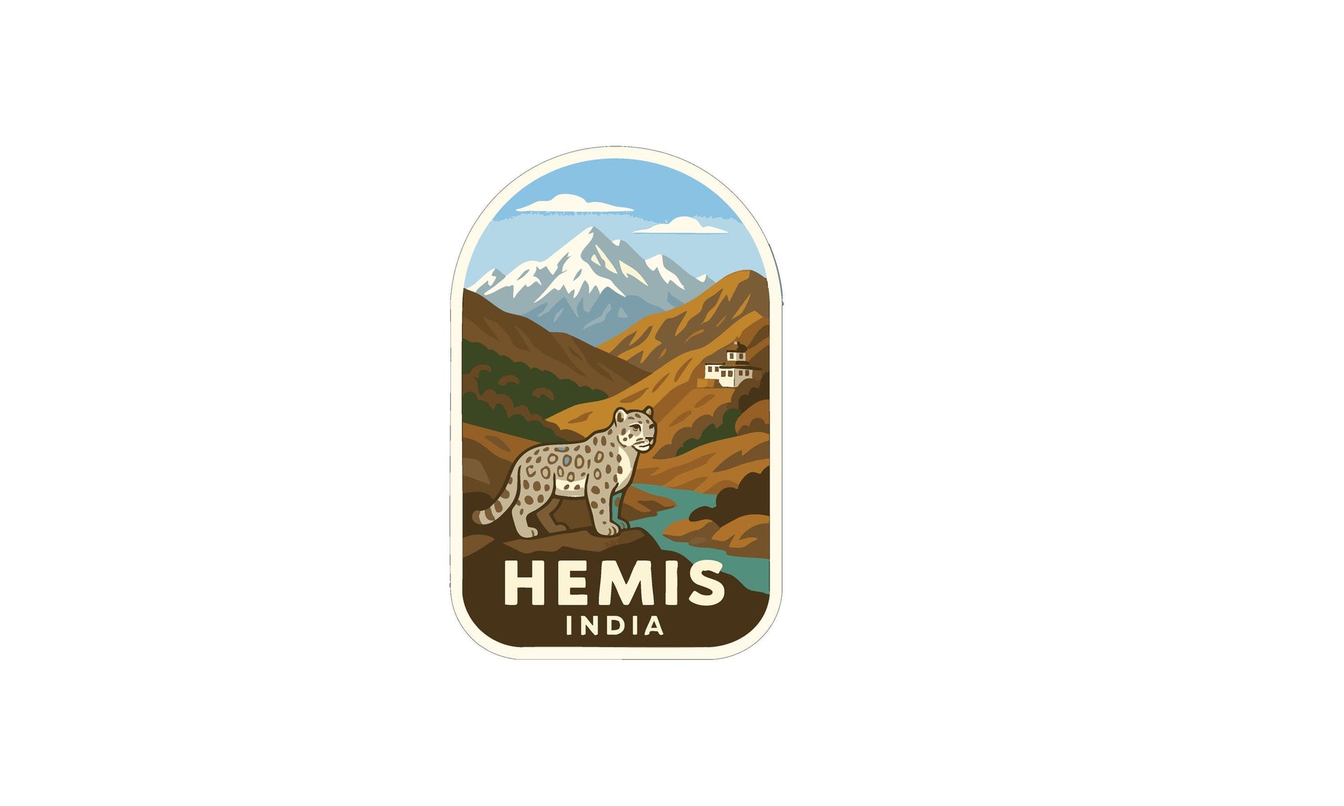 a sticker or label with a mountain landscape and a leopard. The text "HEMIS INDIA" is prominently displayed in the center of the image.
