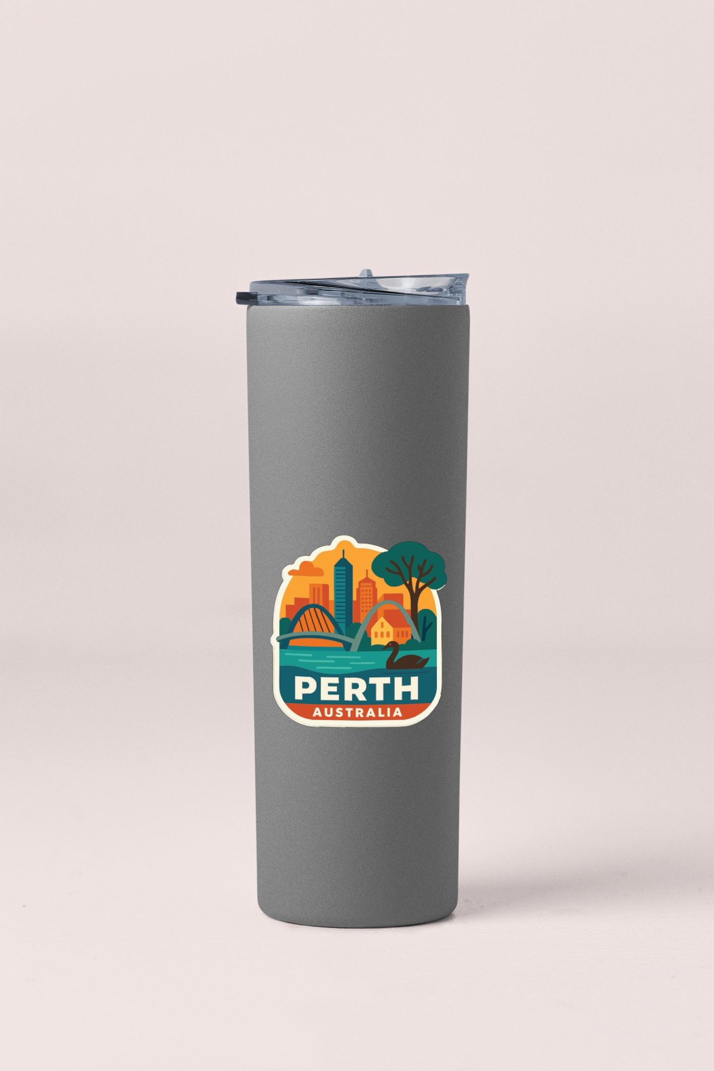 A gray insulated tumbler with a graphic design featuring a cityscape and the text "PERTH AUSTRALIA" printed on it.