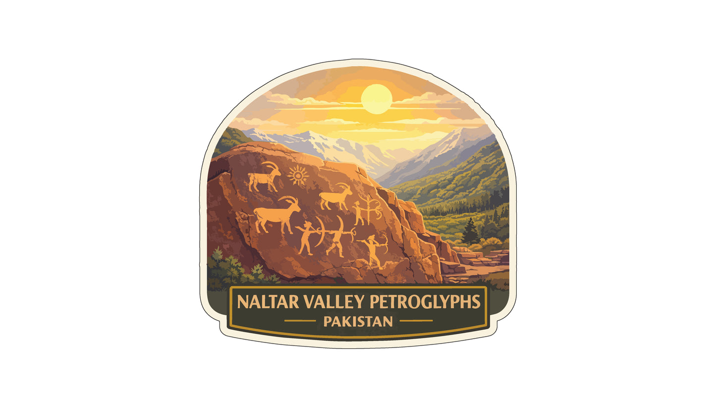 a landscape with mountains, a sunset, and rock formations with animal figures, all set against a sky with clouds.