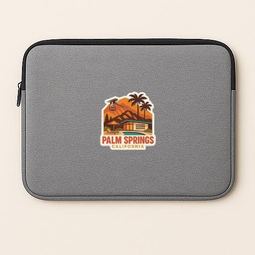 A gray laptop sleeve with a graphic design depicting palm trees, mountains, and a building, along with the text "Palm Springs, California".