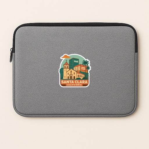 A gray laptop sleeve with a sticker of Santa Clara, California, featuring a colorful illustration of the city's landmarks.