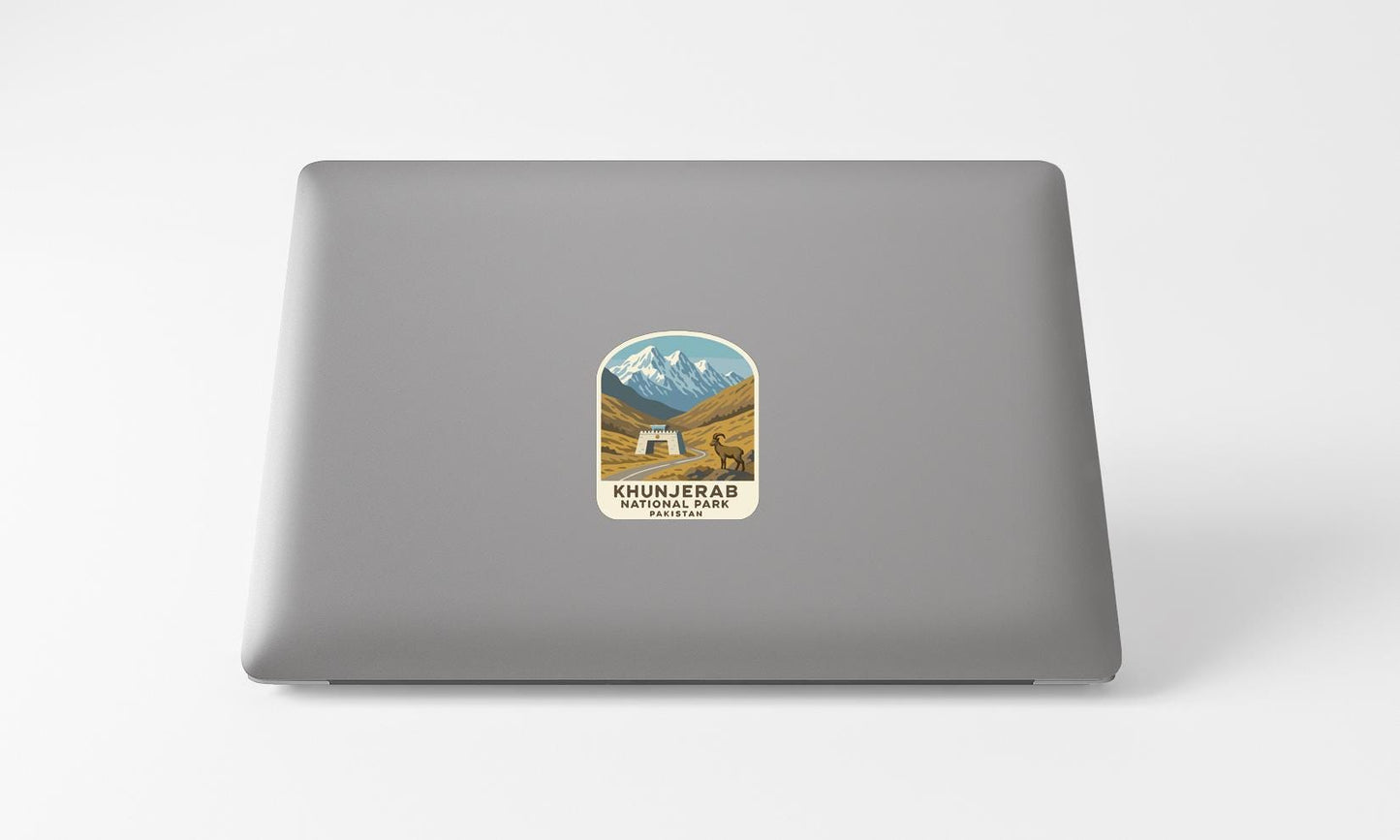 A sticker with an illustration of mountains and a road, representing Khunjerab National Park in Bhutan.