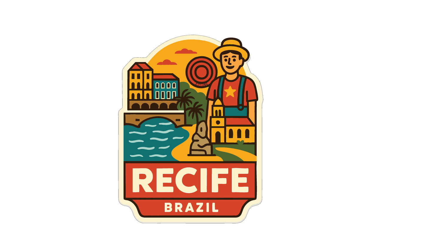 a colorful sticker or label with a stylized illustration of a man, buildings, and a body of water. The text "RECIFE BRASIL" is prominently displayed, indicating the location or country of the sticker.