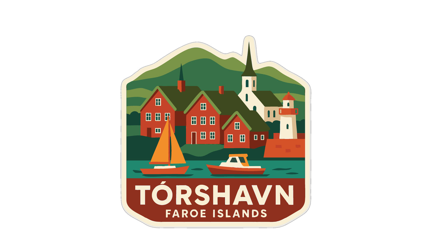 A sticker depicting a coastal town with colorful houses, a church spire, and sailboats on the water.