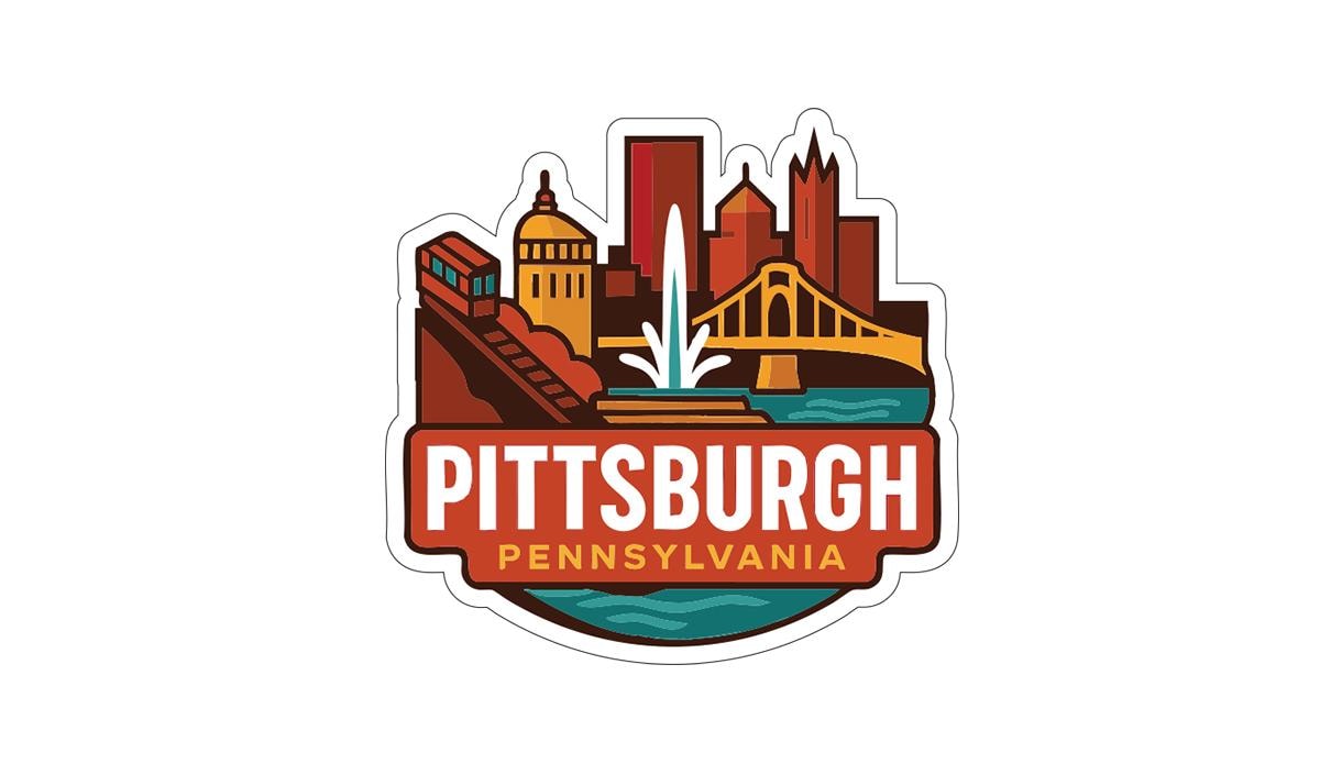 a stylized sticker or emblem with the text "PITTSBURGH PENNSYLVANIA" prominently displayed.