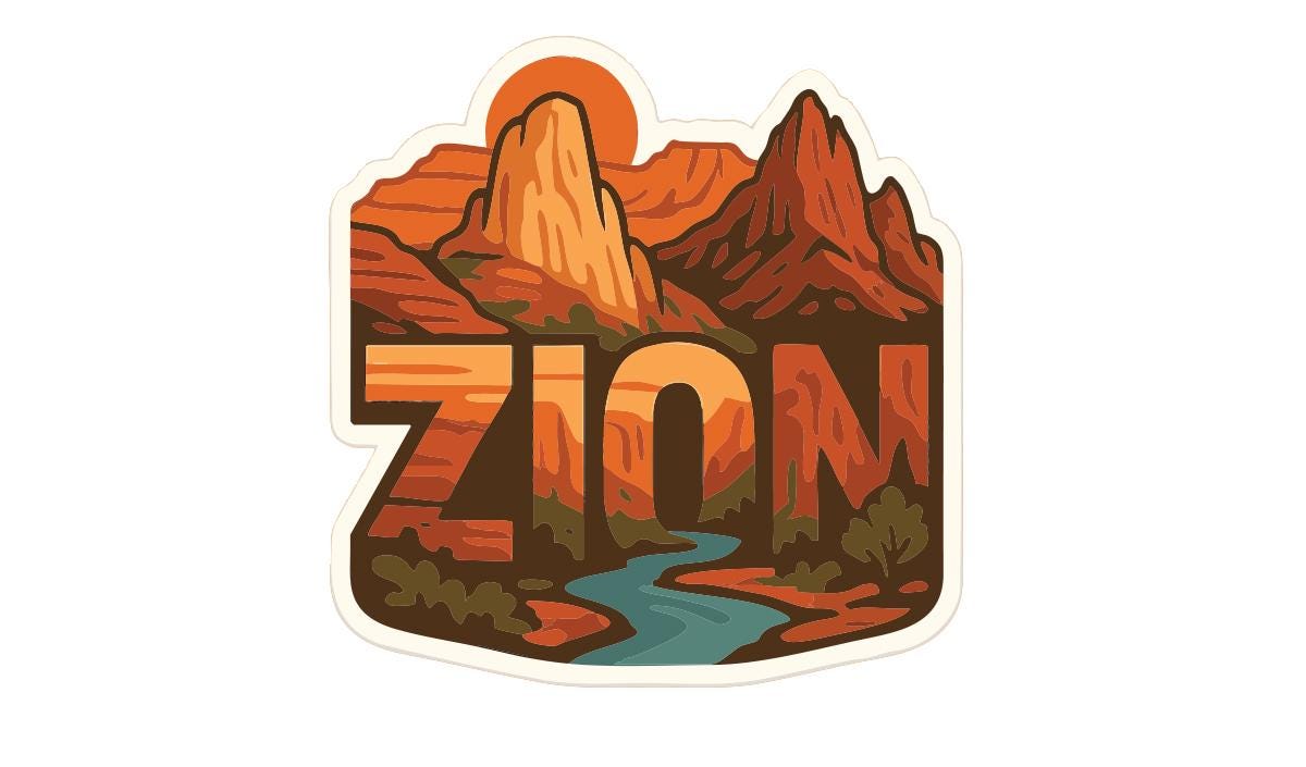 A stylized mountain landscape with a river and a sun in the sky, with the word "ZION" prominently displayed in the center.