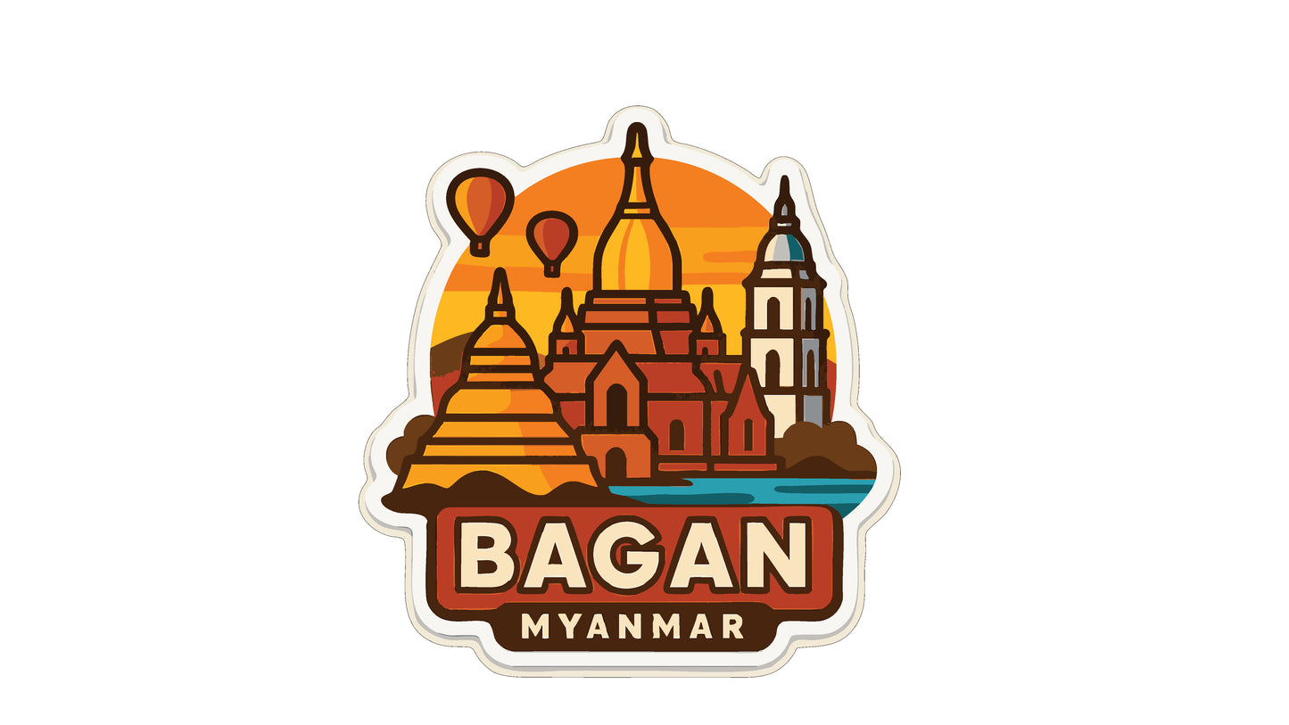 a stylized illustration of the city of Bagan, Myanmar, with various landmarks and buildings depicted in a vibrant, colorful style.