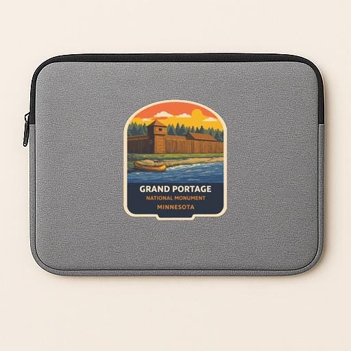 A gray laptop sleeve with a vintage-style label that reads "GRAND PORTAGE NATIONAL MONUMENT MINNESOTA".