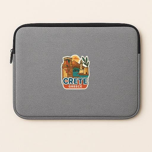 A gray laptop sleeve with a colorful sticker depicting a scenic view of Crete, Greece.