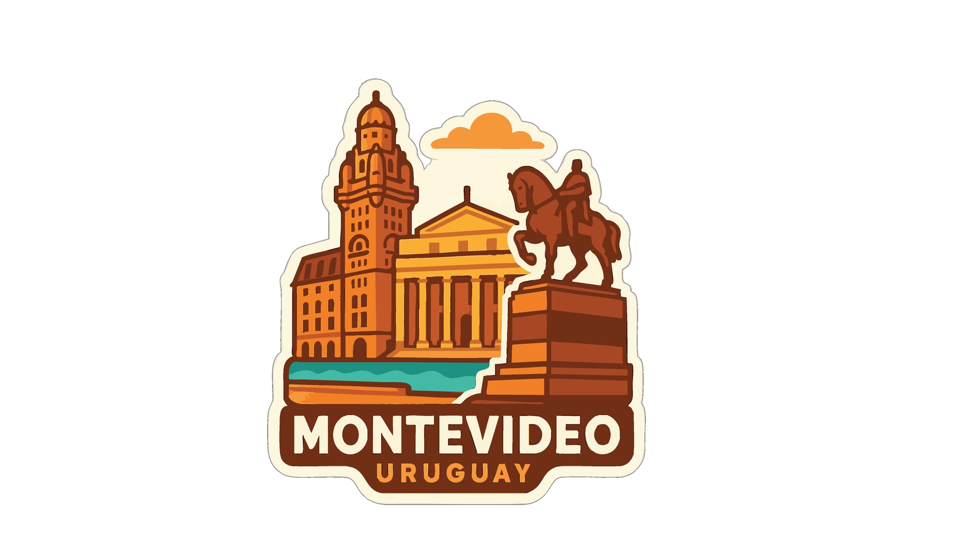 a sticker or emblem with the text "MONTEVIDEO Uruguay" and a depiction of a statue of a man on a horse, along with a building and a body of water.