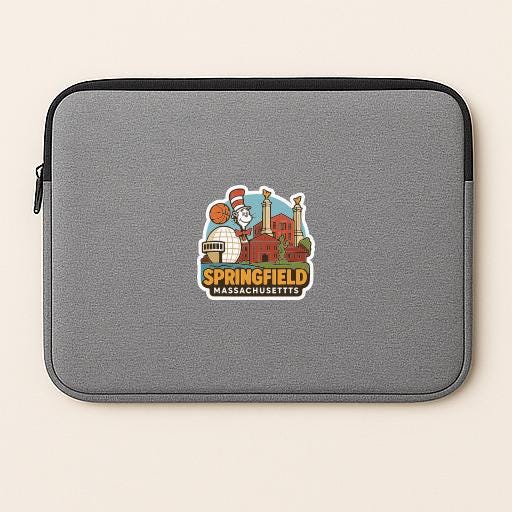 A gray laptop sleeve with a sticker depicting the city of Springfield, Massachusetts.