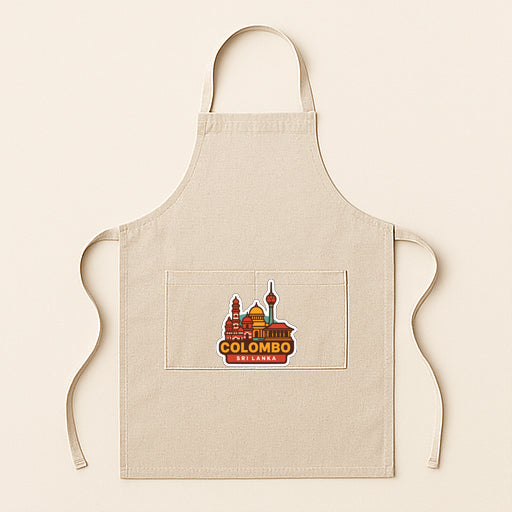 A beige apricot with a graphic of a city skyline on it.