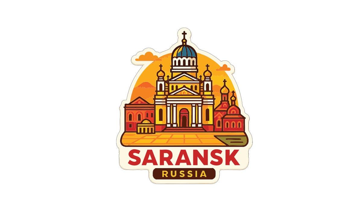 A sticker or illustration depicting the skyline of Sarank, Russia, with various architectural styles and landmarks.
