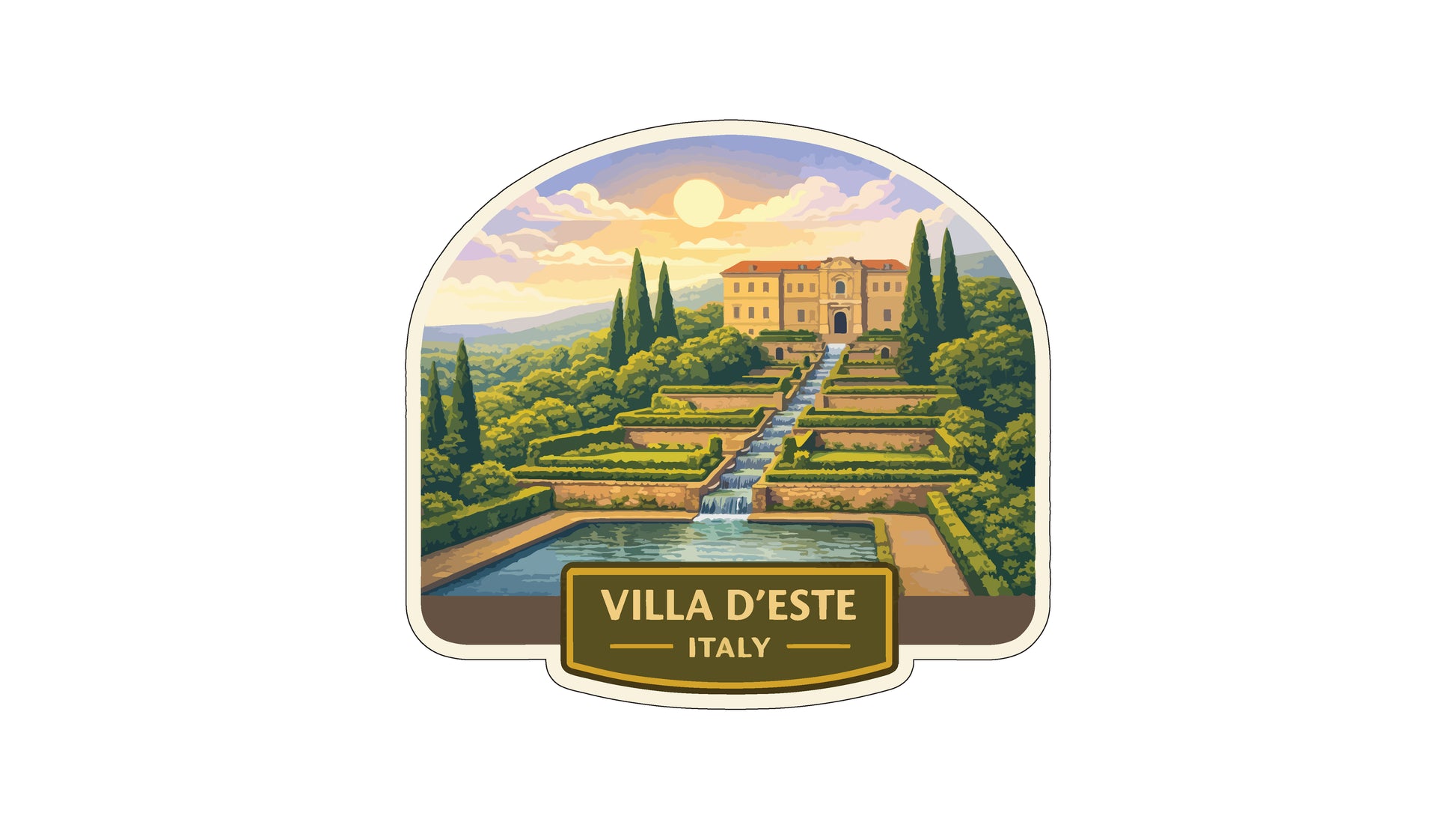 a large, ornate villa with a waterfall and lush gardens, set against a picturesque landscape with rolling hills and a bright sun.