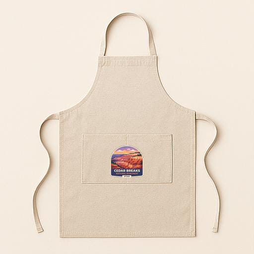 A beige apricot with a graphic of a scenic landscape on it, featuring the text "Cedar Breaks" and "Yellowknife".
