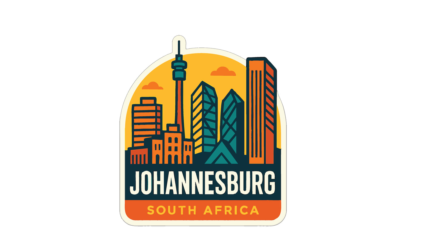a stylized illustration of the Johannesburg skyline, with a focus on the city's distinctive architecture and landmarks.