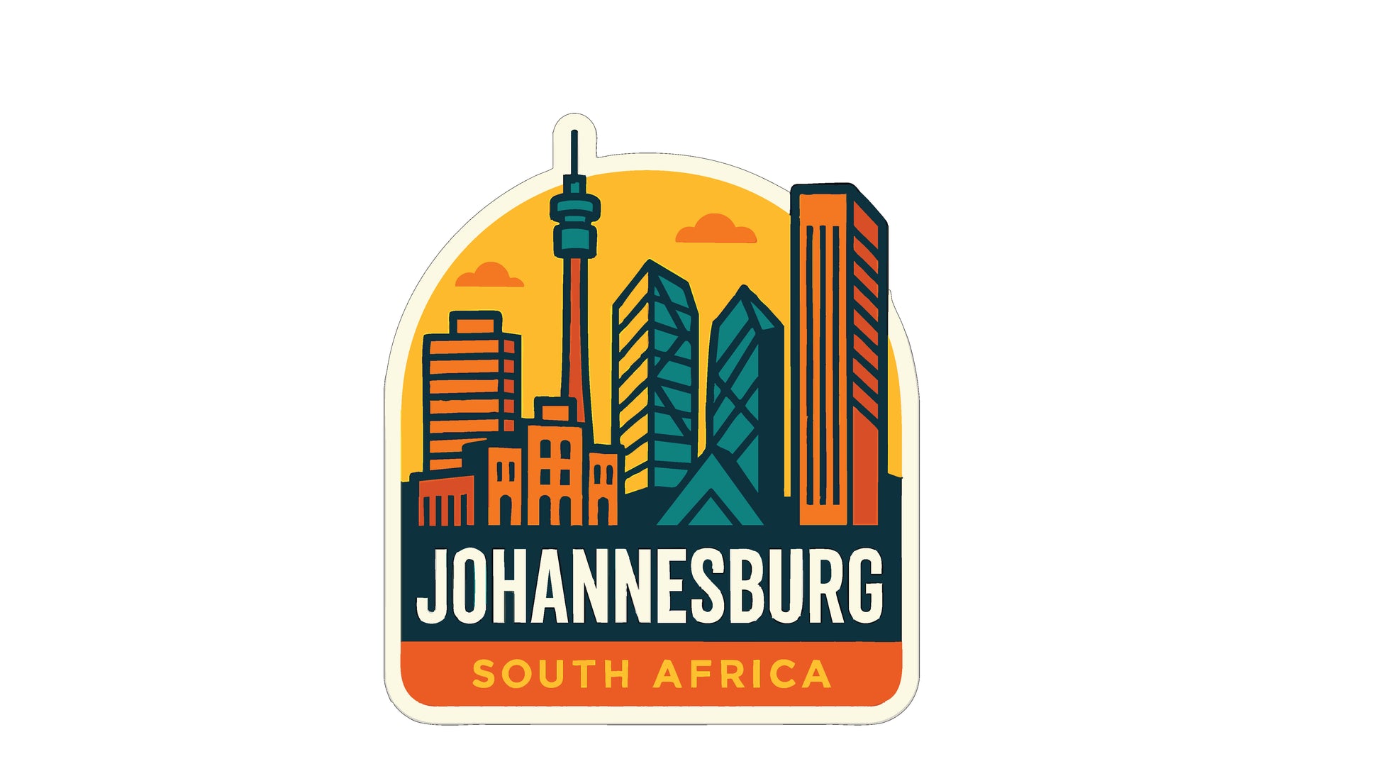 a stylized illustration of the Johannesburg skyline, with a focus on the city's distinctive architecture and landmarks.