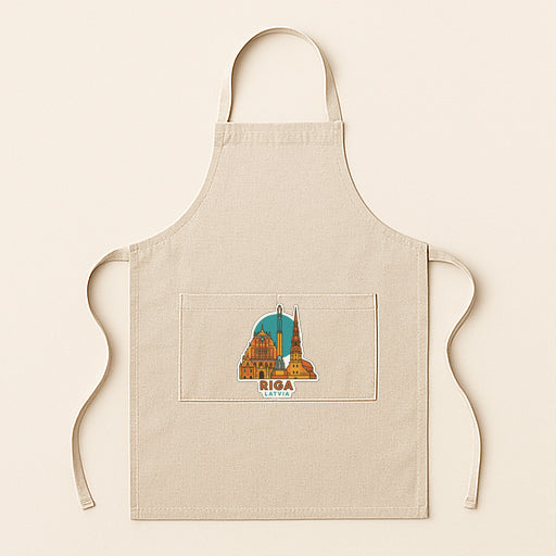 A beige apricot with a graphic of a building and the text "Riga" printed on it.