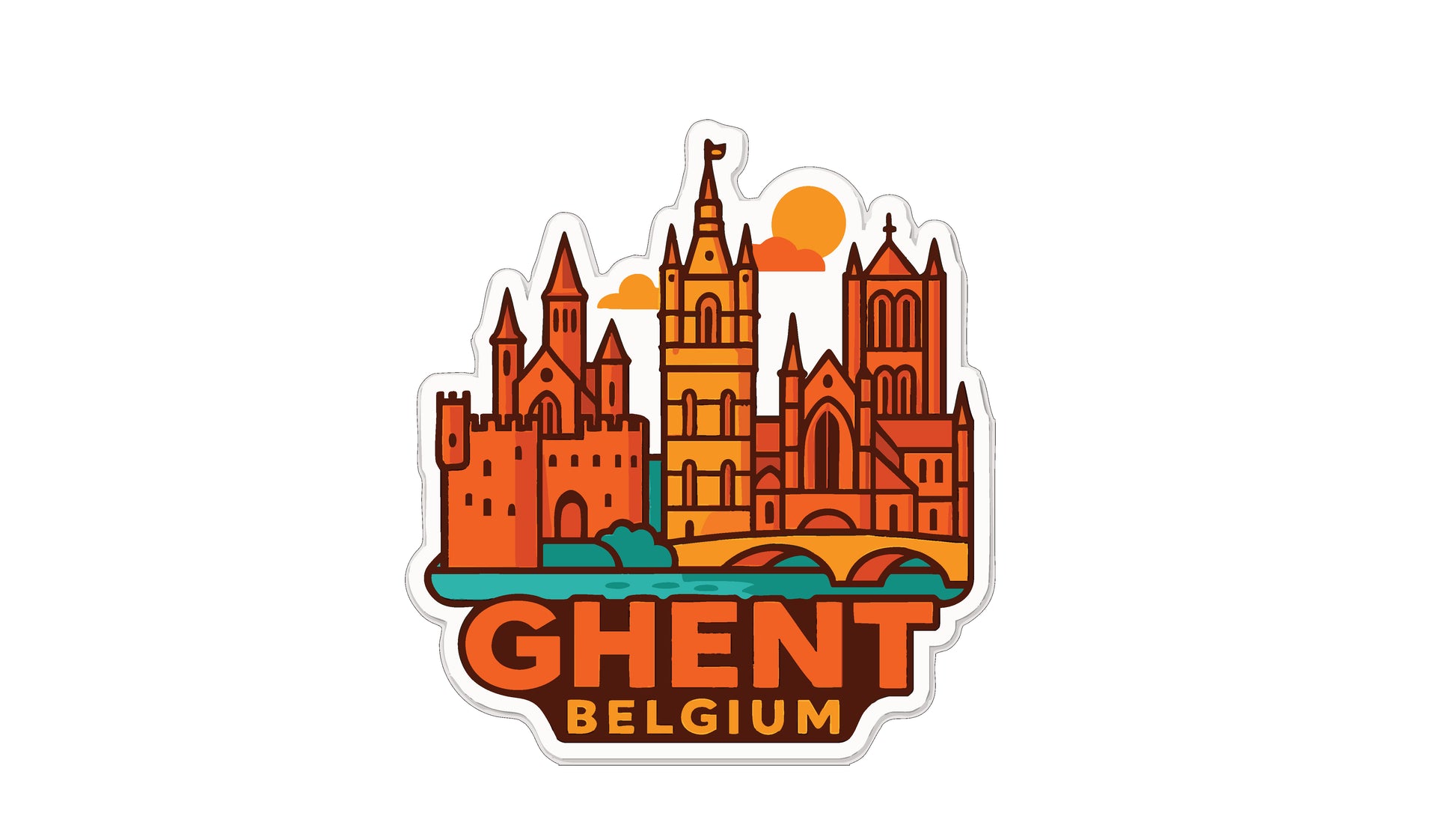 A sticker depicting the skyline of Ghent, Belgium, with various architectural styles and landmarks.