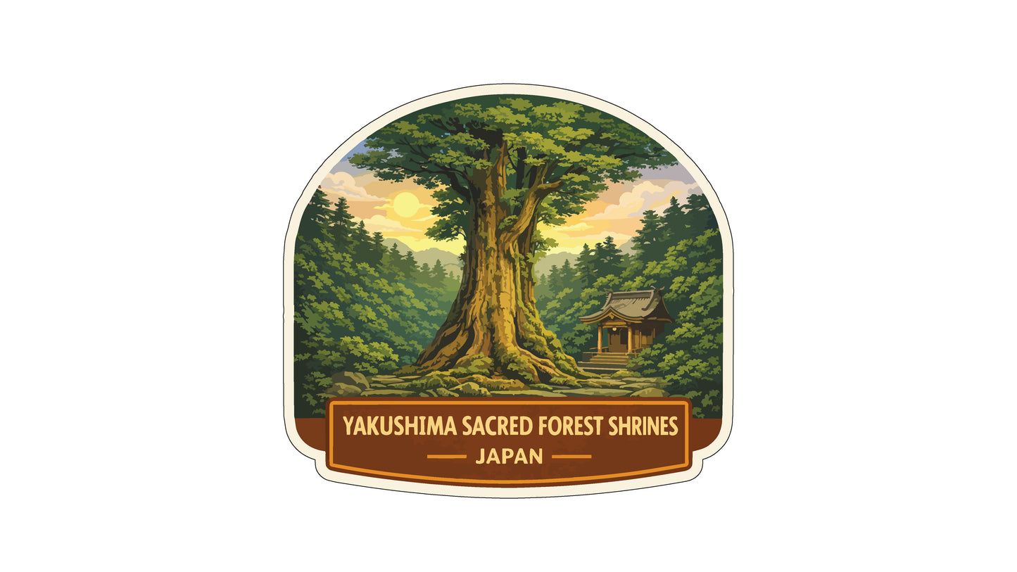A sticker depicting a large tree with a temple in the background, surrounded by a forest, with a sunset sky in the distance.