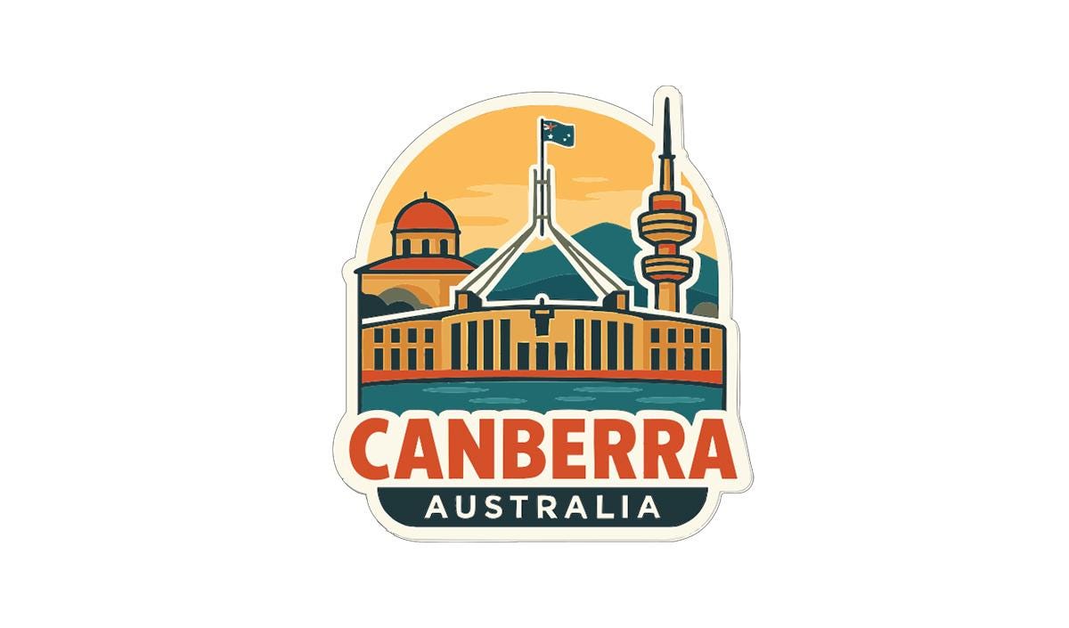 a sticker or emblem with the text "CANBERRA AUSTRALIA" prominently displayed. The sticker includes various iconic landmarks and structures associated with the city of Canberra, such as the Parliament Building, the National Gallery, and the Sky Tower.