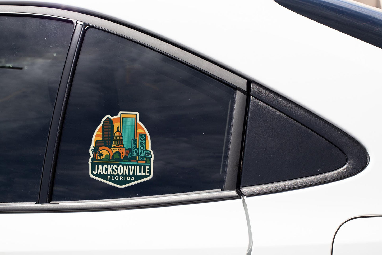 A sticker on the side of a car window, featuring the city of Jacksonville, Florida.