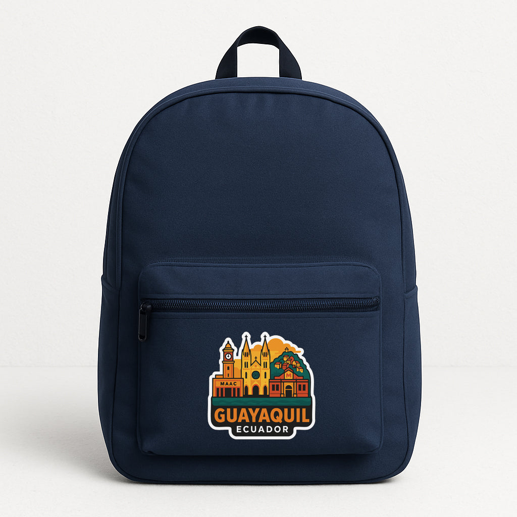 A navy blue backpack with a graphic of Guayaquil, Ecuador, printed on it.
