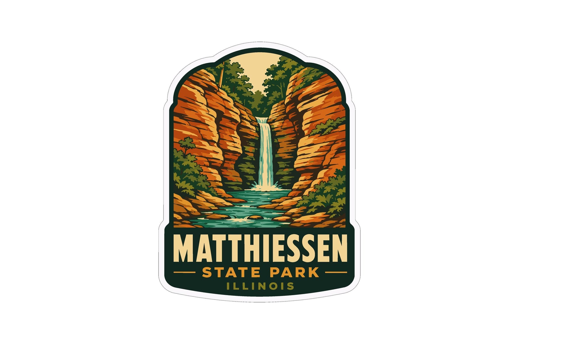 A sticker depicting a scenic waterfall surrounded by lush greenery, with the text "MATTHIESSEN STATE PARK ILLINOIS" prominently displayed.