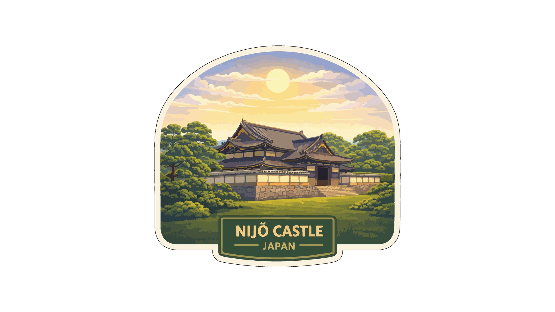 a traditional Japanese castle surrounded by lush greenery, with a bright sun in the sky.