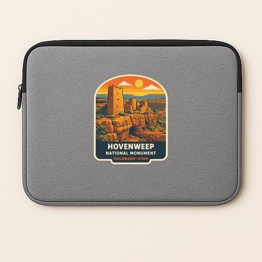 A gray laptop sleeve with a graphic design depicting the Hivenweep National Monument in Colorado, Utah.
