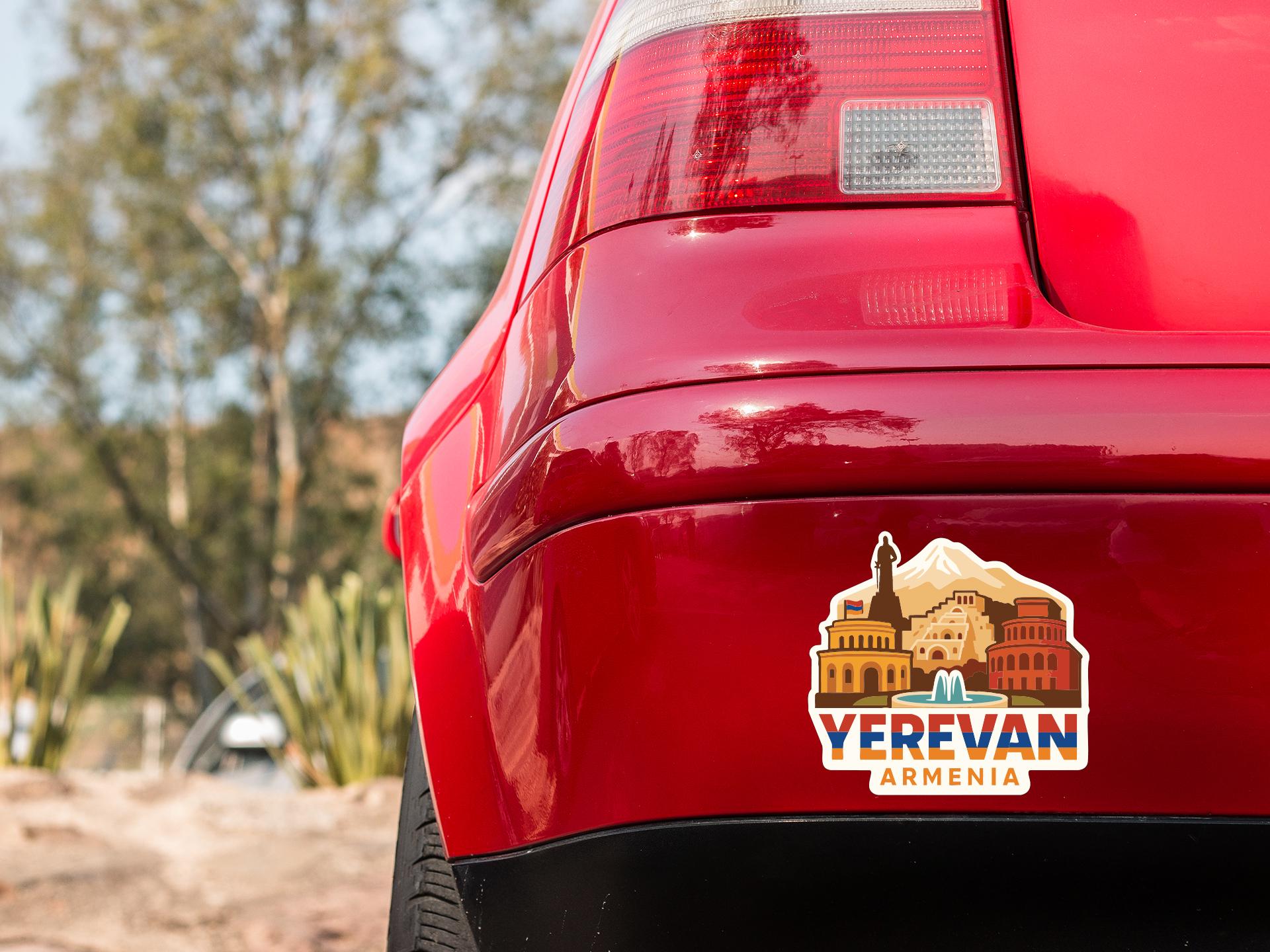 the rear end of a red car with a sticker on the trunk that says "Yerevan Armenia".