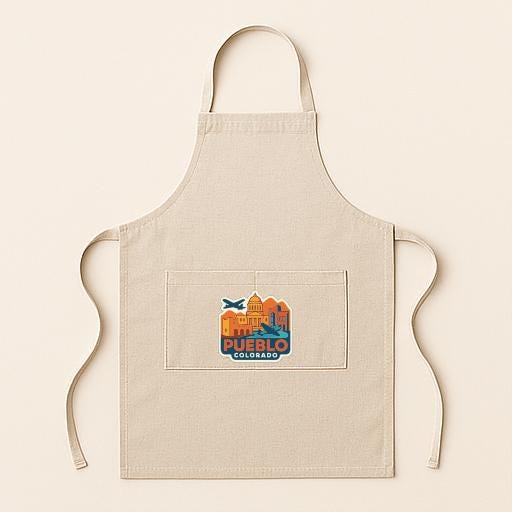 A beige apricot with a colorful graphic of a city skyline and the text "PUEBLO, COLORADO" printed on it.