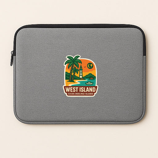 A gray laptop sleeve with a graphic design depicting a tropical island scene, including a palm tree, lighthouse, and beach.