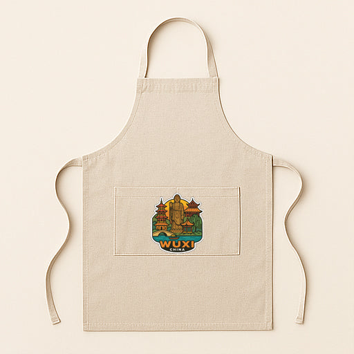 A beige apricot with a graphic design on the front pocket.