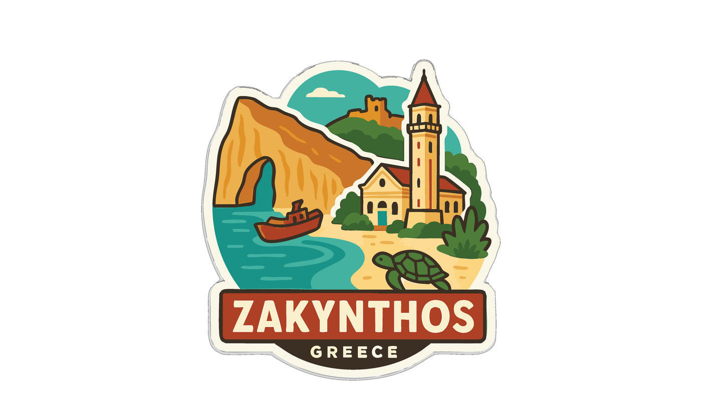 The image is a sticker or emblem featuring various landmarks and elements associated with Zakynthos, Greece.