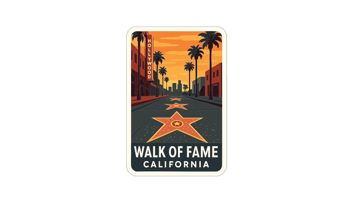 The image is a sticker depicting a walk of fame in Hollywood, California.