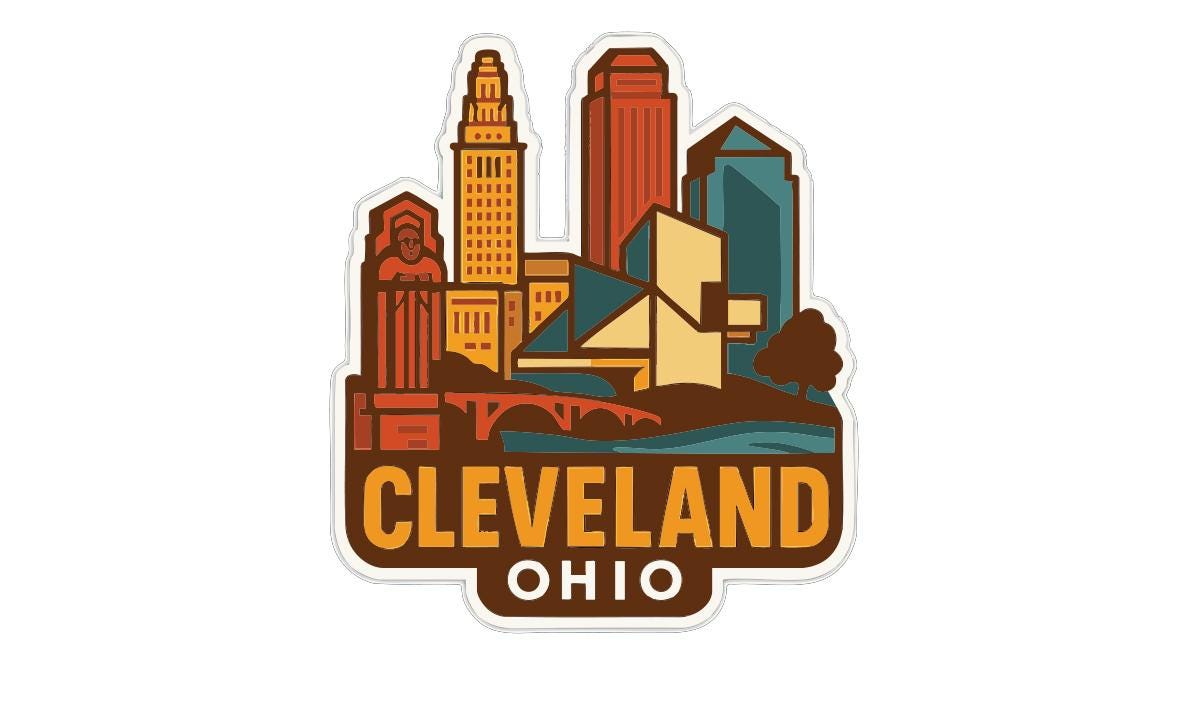 A stylized sticker or emblem featuring the skyline of Cleveland, Ohio, with various buildings and landmarks depicted in a colorful, geometric style.