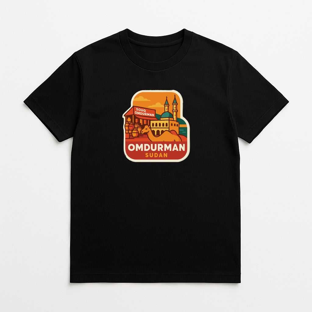 A black t-shirt with a graphic design depicting a cityscape and the text "OMDURMAN SUDAN" printed on it.