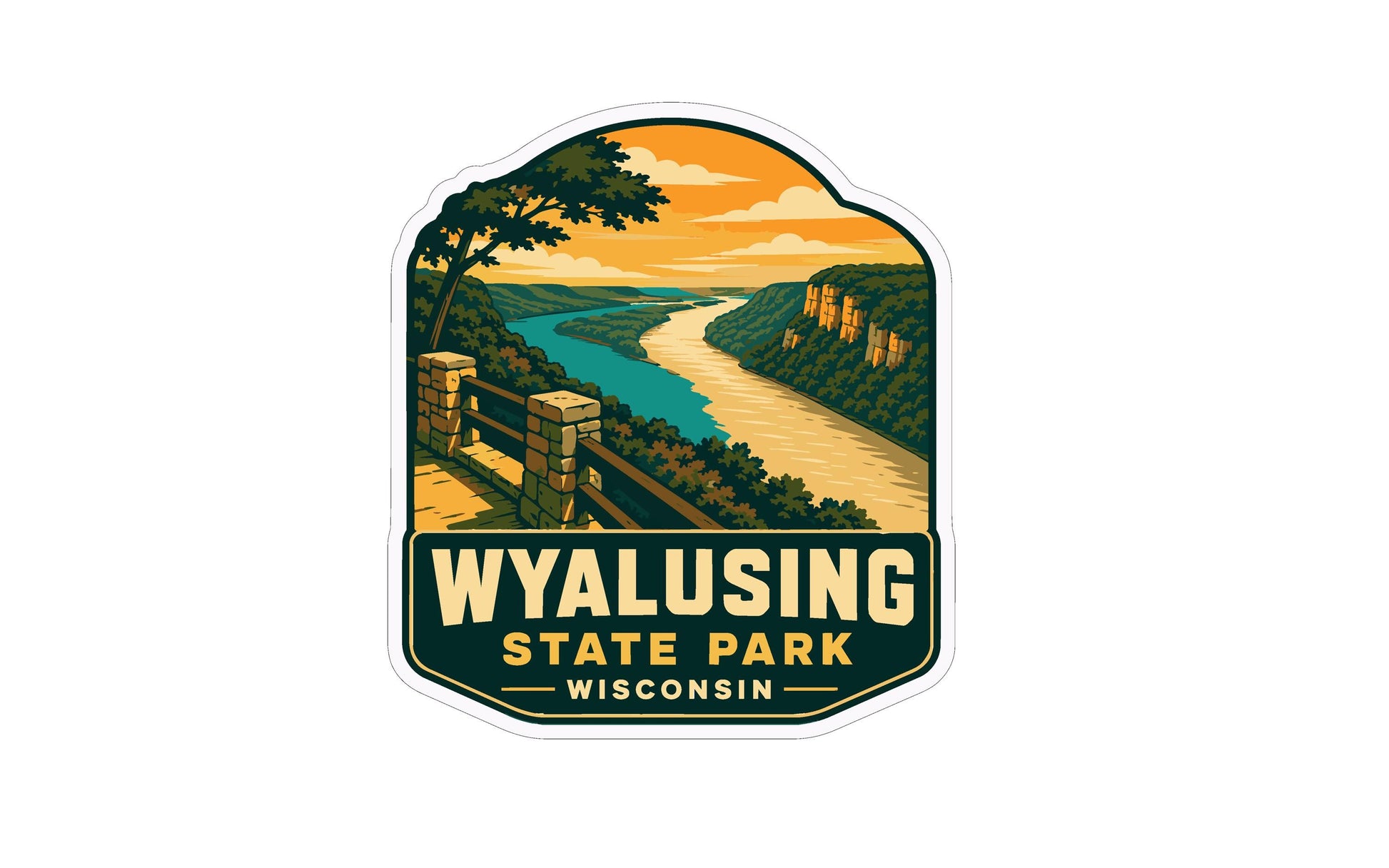 A sticker or emblem featuring a scenic landscape with a river, mountains, and a sunset sky. The text "Wyalusing State Park" is prominently displayed, indicating the location or theme of the image.