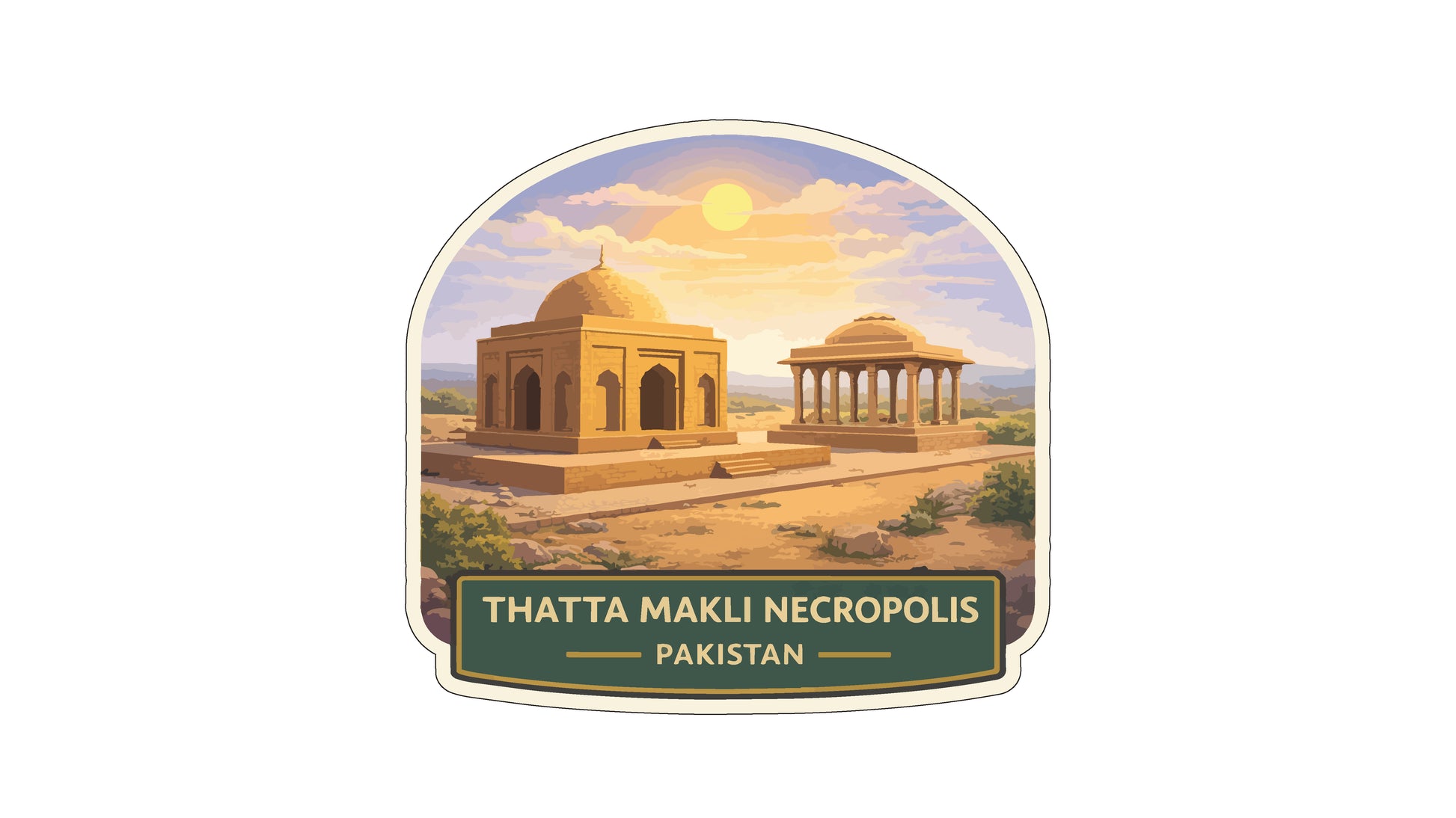 a scenic view of the Thatta Makli Necropolis in Pakistan, featuring two domed structures set against a backdrop of a sunset sky.