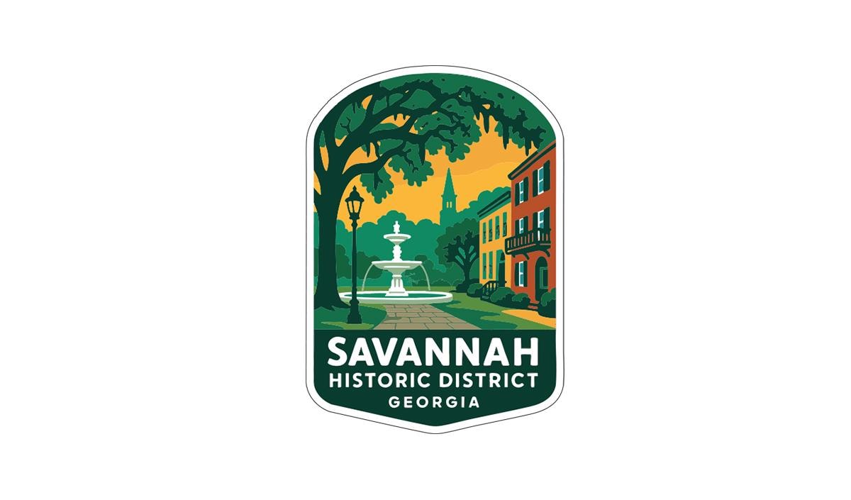 a stylized illustration of a historic district in Savannah, Georgia, with a fountain, trees, and buildings.