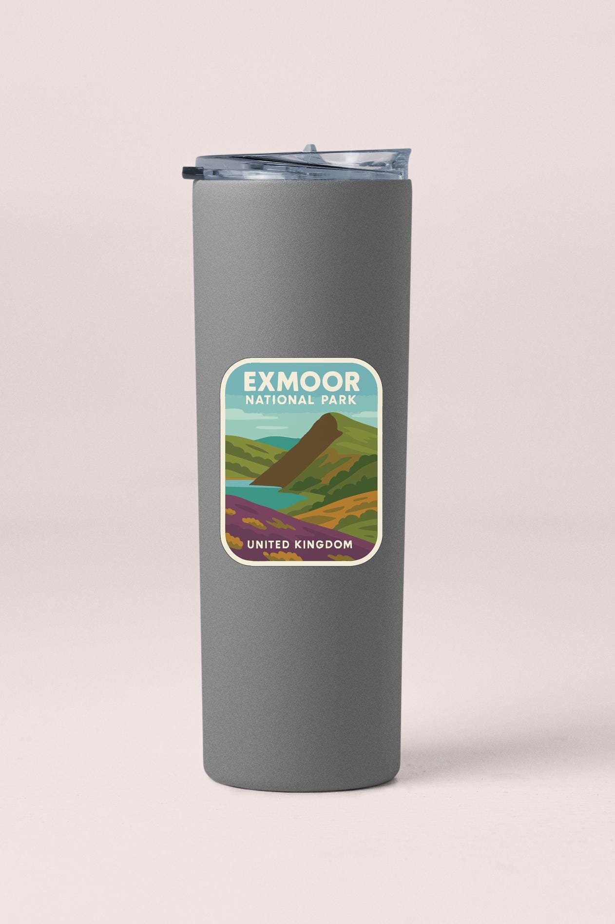 A gray insulated tumbler with a label that reads "Exmoor National Park United Kingdom".