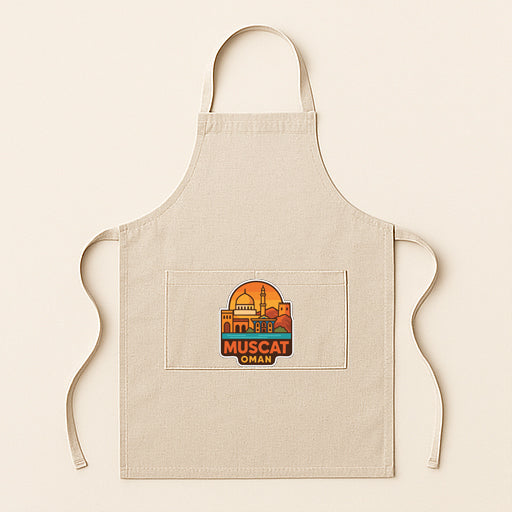 A beige apricot with a logo on it, featuring a city skyline.